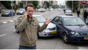 אדם אחרי תאונת דרכים מדווח למשטרה