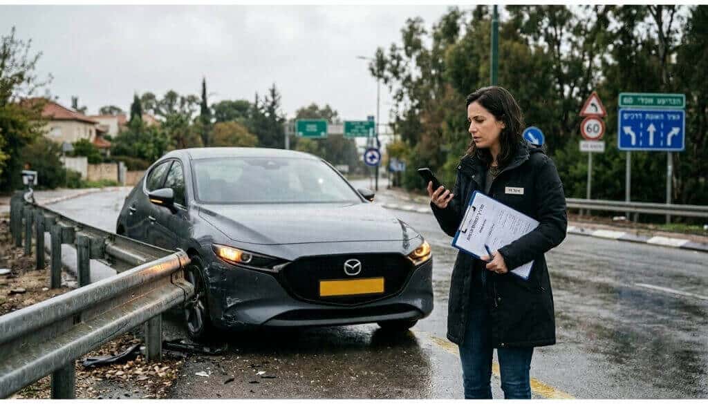 אישה עומדת ליד הרכב שנפגע מתאונה עצמית